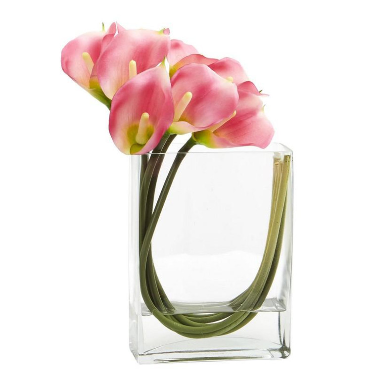 12'' Calla Lily In Rectangular Glass Vase Artificial Arrangement 1533-PK By Nearly Natural