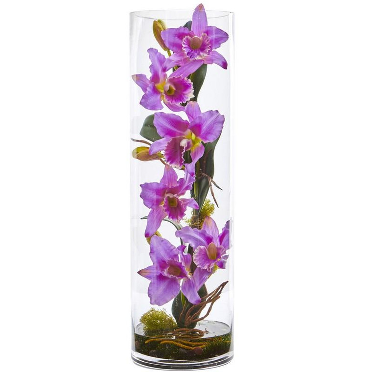 20'' Cattleya Orchid Artificial Floral Arrangement In Cylinder Vase 1540-LV By Nearly Natural