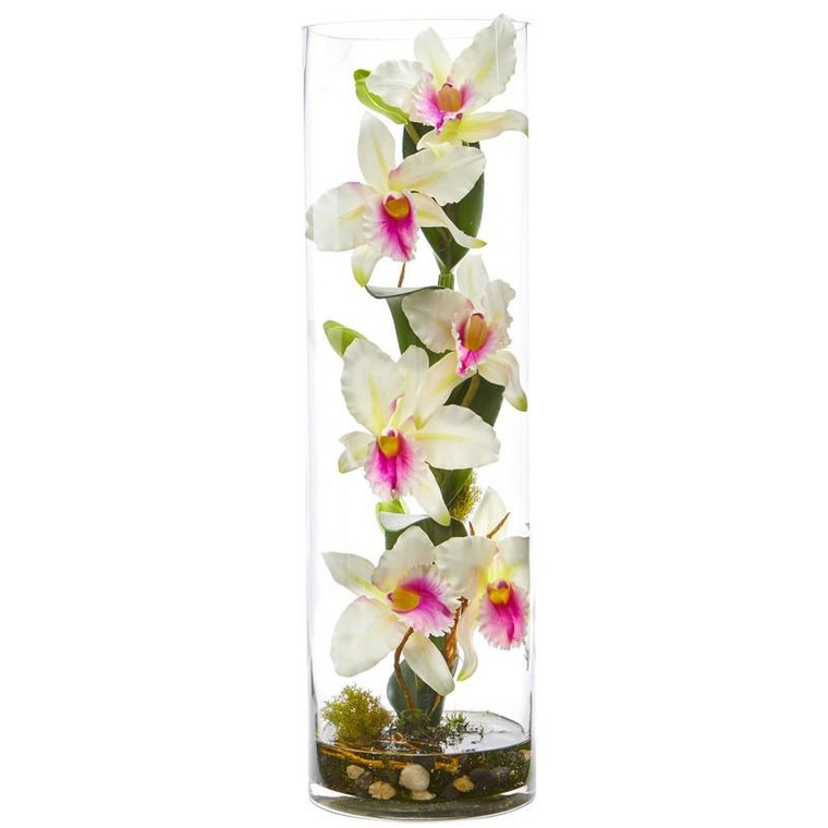 20'' Cattleya Orchid Artificial Floral Arrangement In Cylinder Vase 1540-WH By Nearly Natural