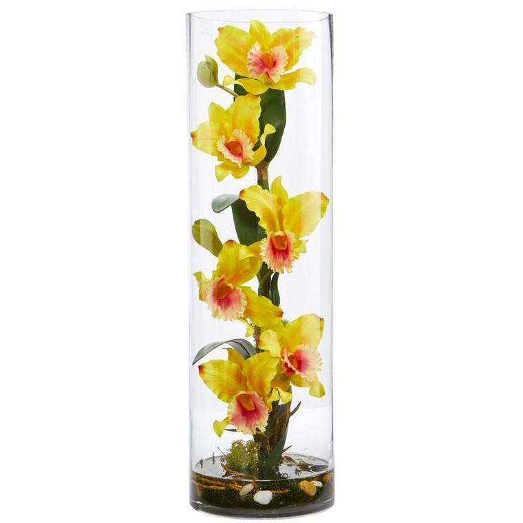 20'' Cattleya Orchid Artificial Floral Arrangement In Cylinder Vase 1540-YL By Nearly Natural