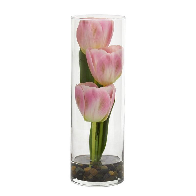10" Tulips Artificial Arrangement In Cylinder Vase 1611-PK By Nearly Natural