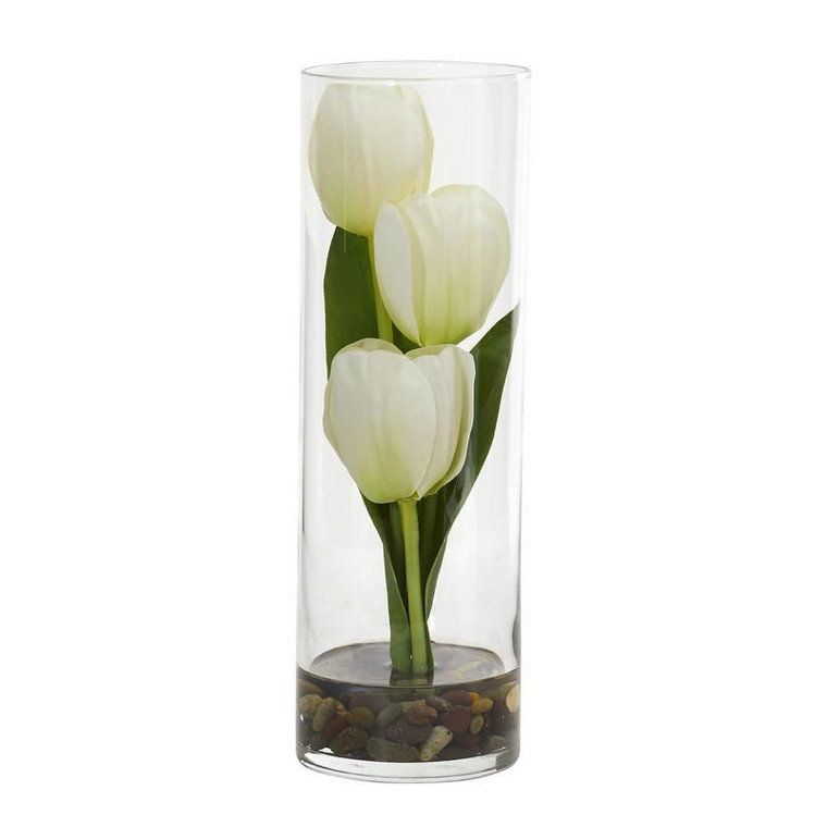 10" Tulips Artificial Arrangement In Cylinder Vase 1611-WH By Nearly Natural