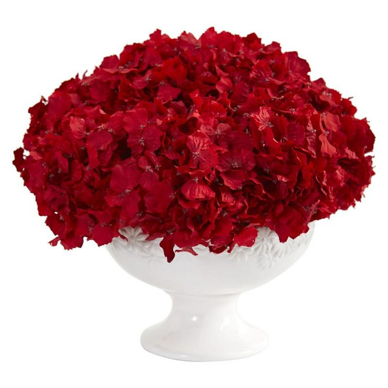 12" Red Hydrangea Artificial Arrangement In Pedestal Vase 1649 By Nearly Natural