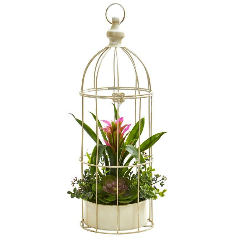 19" Bromeliad & Succulent Artificial Arrangement In Bird Cage 1678-PP By Nearly Natural