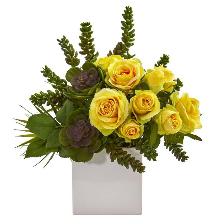 14" Rose & Succulent Artificial Arrangement In White Vase 1715-YL By Nearly Natural