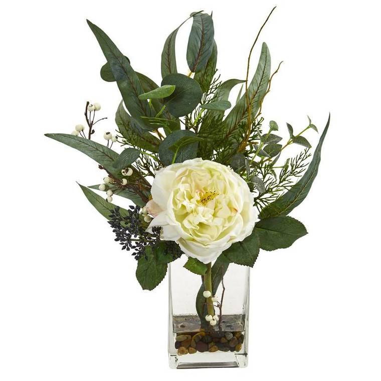 21" Rose And Eucalyptus Artificial Arrangement 1765-WH By Nearly Natural