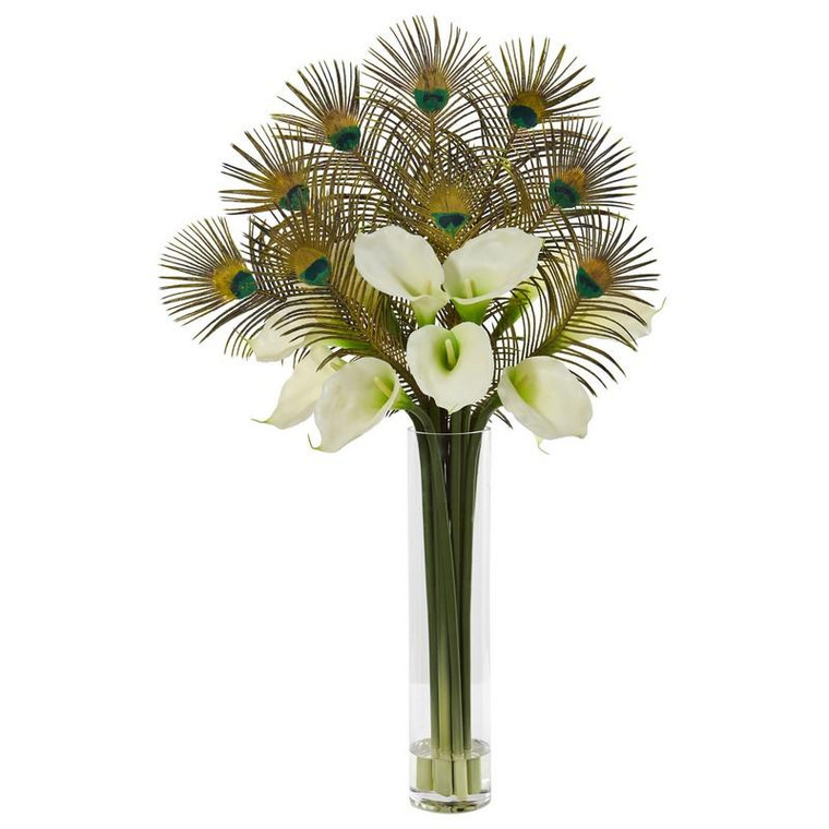 36" Peacock And Calla Lily Artificial Arrangement In Cylinder Glass 1878-CR By Nearly Natural