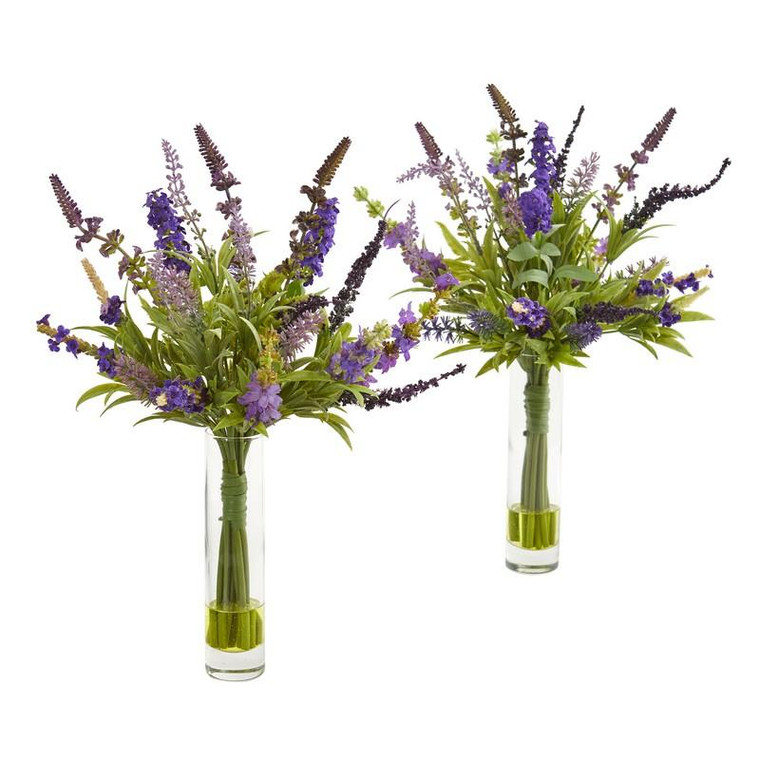 15" Lavender Artificial Arrangement In Glass Vase (Set Of 2) 1938-S2 By Nearly Natural
