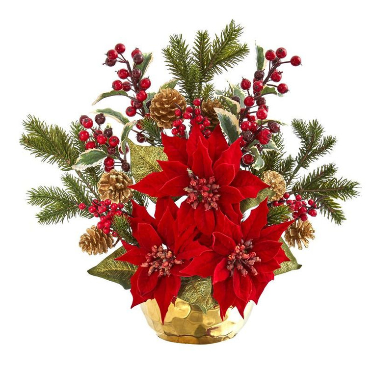 17" Poinsettia, Holly Berry And Pine Artificial Arrangement 1992 By Nearly Natural
