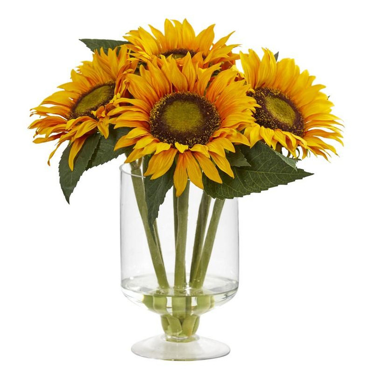 12" Sunflower Artificial Arrangement In Vase 4140 By Nearly Natural