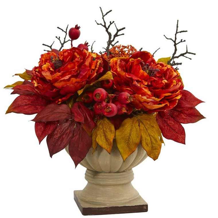 15" Peony And Sedum Artificial Arrangement 4174 By Nearly Natural