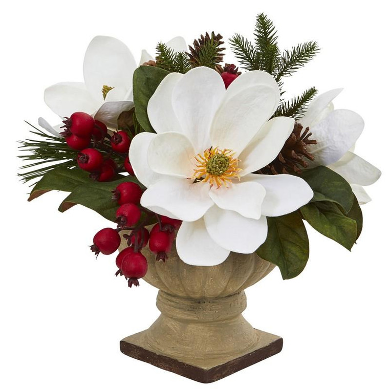15" Magnolia, Pine And Berries Artificial Arrangement 4197 By Nearly Natural