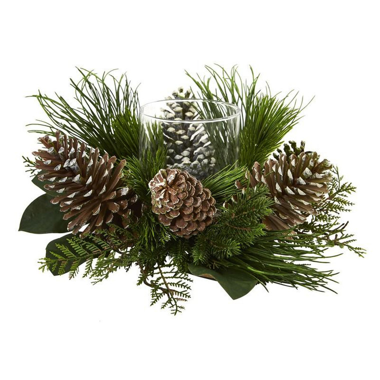 21" Pine Cone And Pine Artificial Arrangement Candelabrum 4200 By Nearly Natural