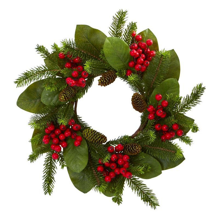 19" Magnolia Leaf, Berry And Pine Artificial Wreath 4266 By Nearly Natural
