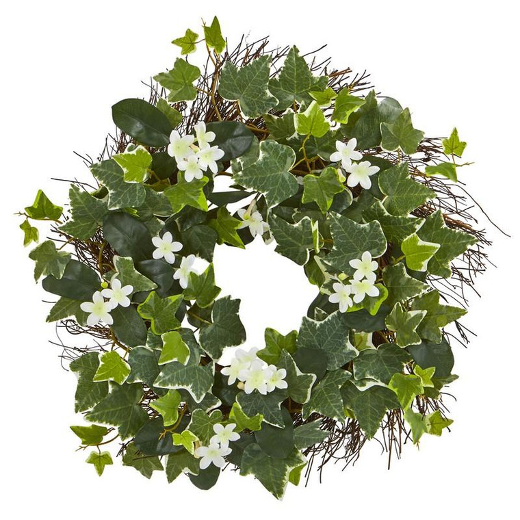 20" Variegated Sage Ivy And Stephanotis Artificial Wreath 4283 By Nearly Natural