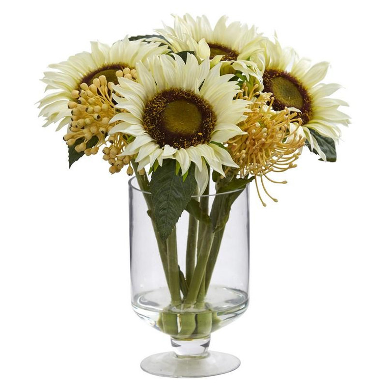 12" Sunflower & Sedum Artificial Arrangement In Vase 4599 By Nearly Natural