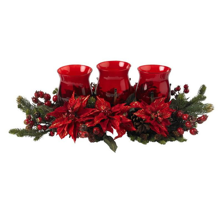 Poinsettia & Berry Triple Candleabrum 4914 By Nearly Natural