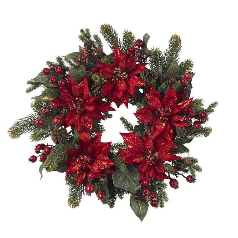 24" Poinsettia & Berry Wreath 4919 By Nearly Natural