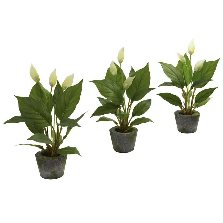 11" Spathyfillum With Cement Planter (Set Of 3) 4974-S3 By Nearly Natural