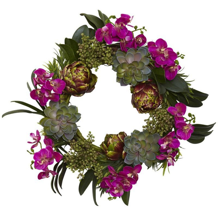 20" Orchid, Artichoke & Succulent Wreath 4989 By Nearly Natural