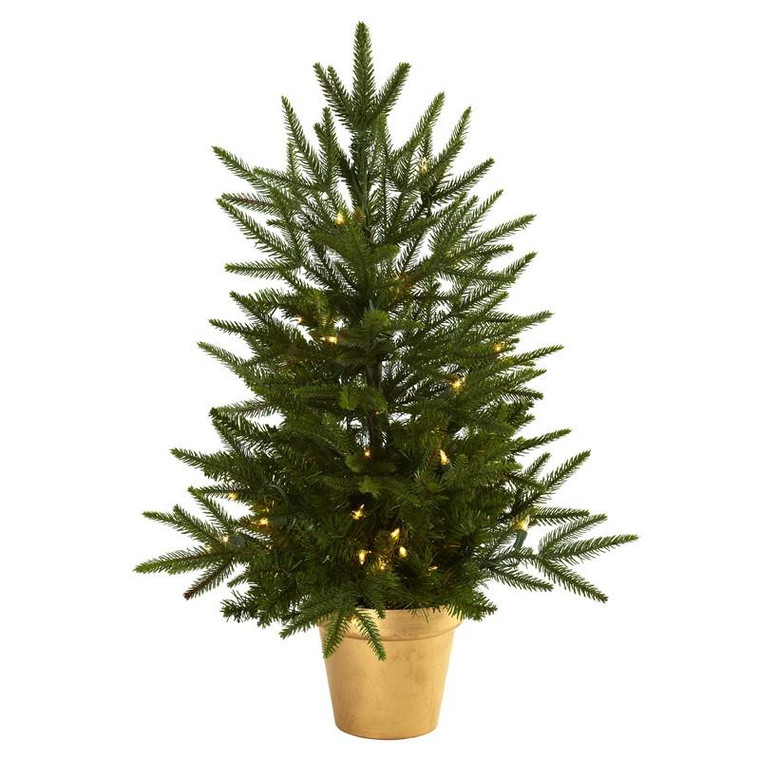 2.5' Christmas Tree With Golden Planter & Clear Lights 5370 By Nearly Natural