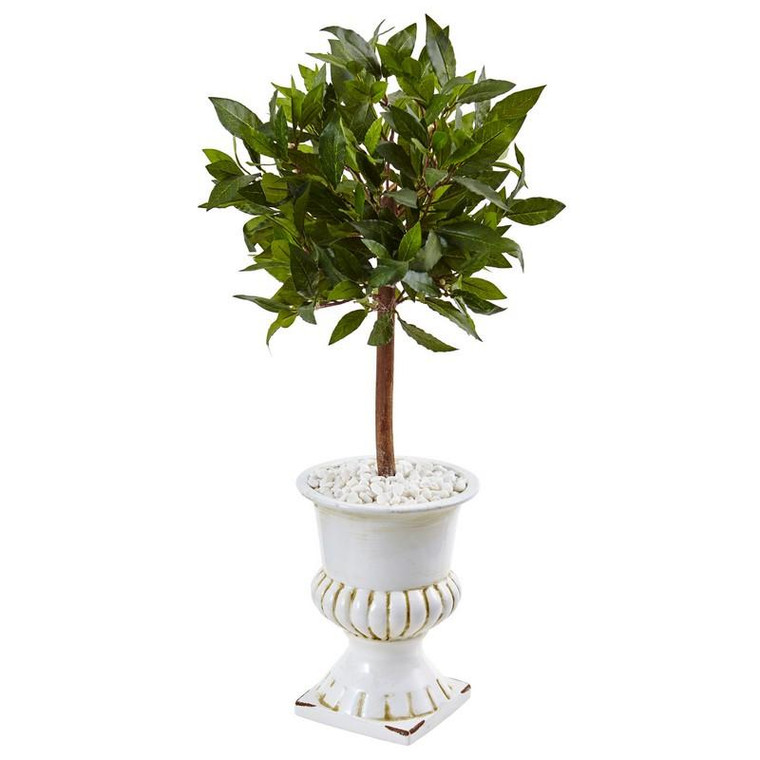 2.5' Sweet Bay Mini Topiary Tree In White Urn 5995 By Nearly Natural