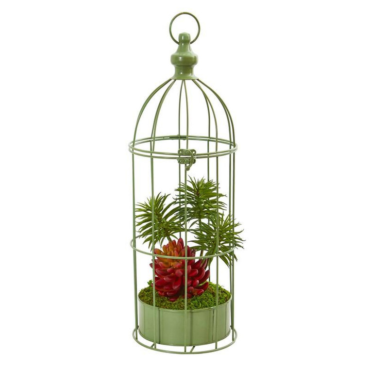 20" Succulent Artificial Plant In Decorative Cage 8464 By Nearly Natural