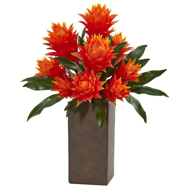 22" Bromeliad Artificial Plant In Weathered Brown Planter 8497 By Nearly Natural