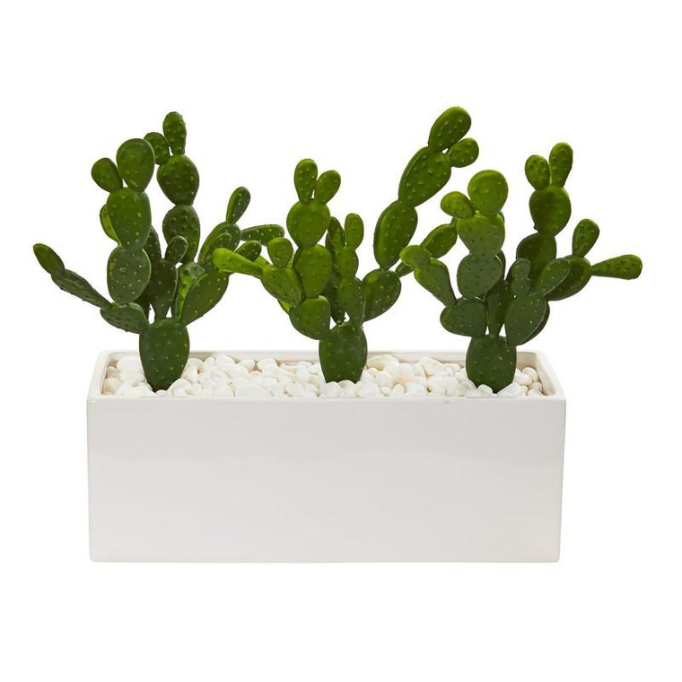 11" Cactus Succulent Artificial Plant In Glazed White Vase 8512 By Nearly Natural