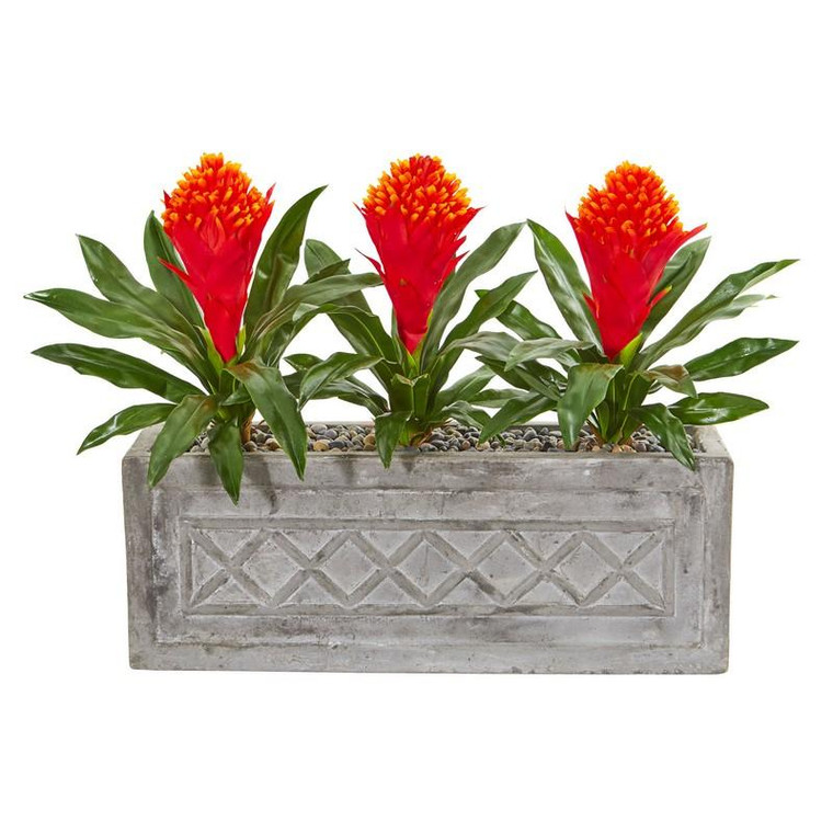 20" Bromeliad Artificial Plant In Stone Planter 8564 By Nearly Natural
