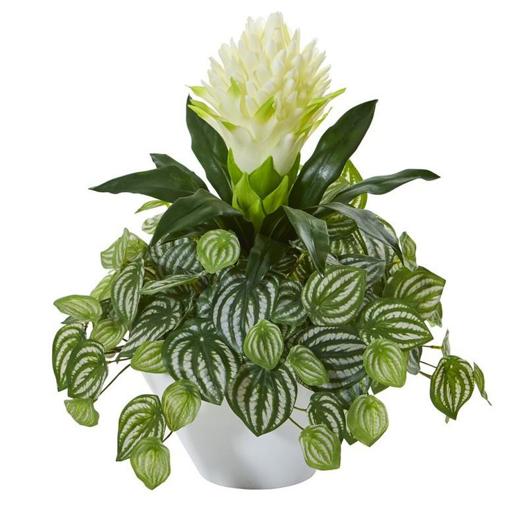 18" Bromeliad & Peperomia Artificial Plant In White Bowl 8632-WH By Nearly Natural