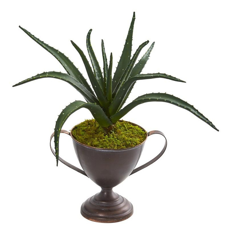 16" Aloe Succulent Artificial Plant In Metal Goblet 8659 By Nearly Natural