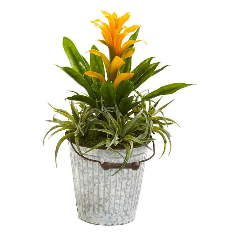 18" Bromeliad And Succulent Artificial Plant In Metal Bucket 8687-YL By Nearly Natural