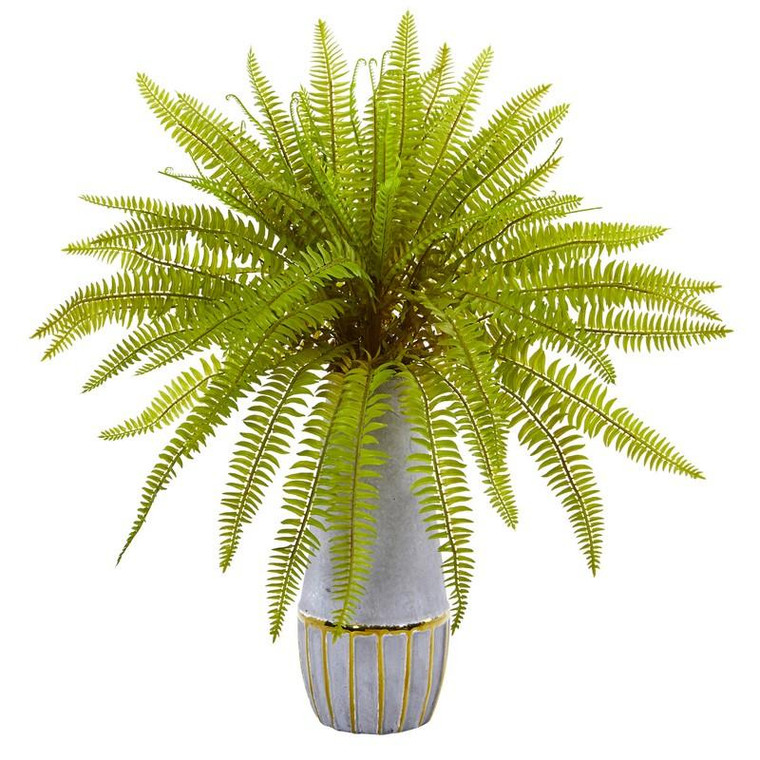 18" Fern Grass Artificial Plant In Stoneware Planter 8736 By Nearly Natural