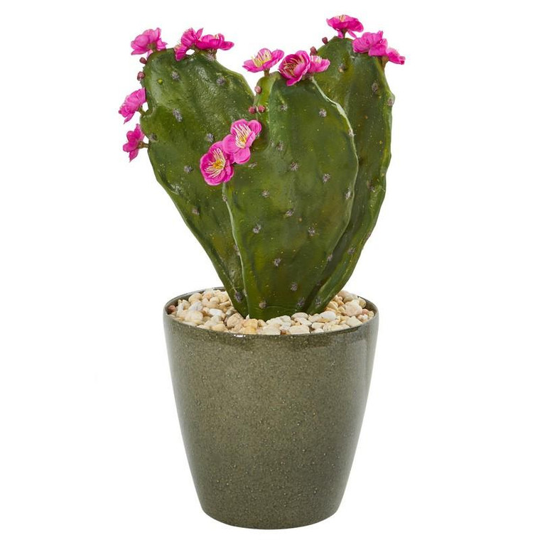 19" Flowering Cactus Artificial Plant In Green Planter 8809 By Nearly Natural