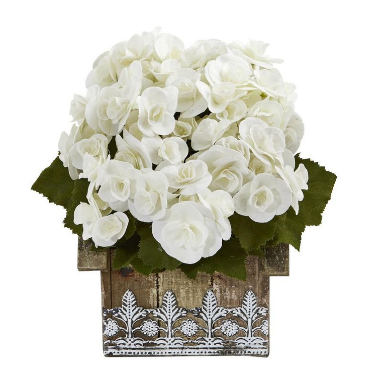 10" Begonia Artificial Plant In Hanging Floral Design House Planter 8825-WH By Nearly Natural