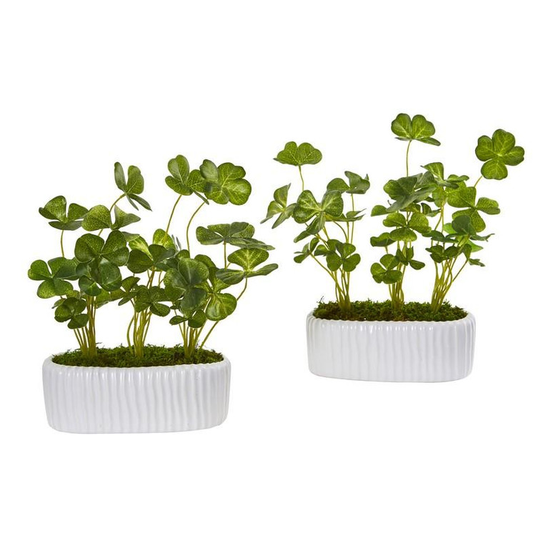 10" Clover Artificial Plant In White Planter (Set Of 2) 8838-S2 By Nearly Natural