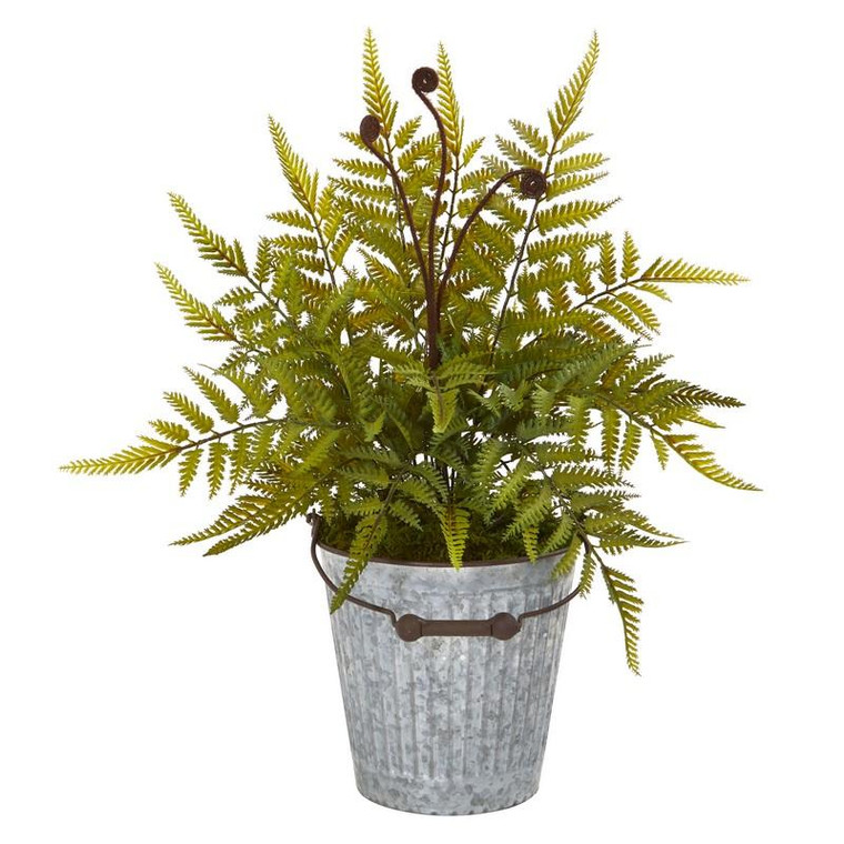 20" Fern Artificial Plant In Vintage Metal Bucket 8843 By Nearly Natural