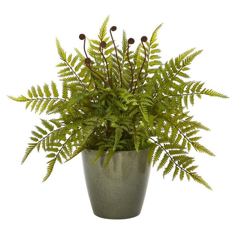 20" Fern Artificial Plant In Olive Green Planter 8844 By Nearly Natural