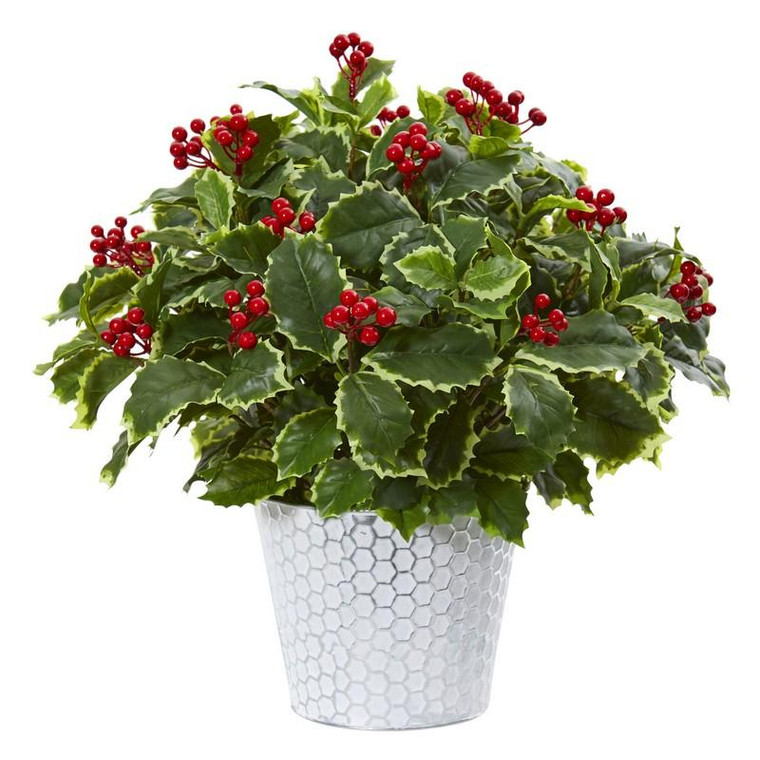 17" Variegated Holly Leaf Artificial Plant In Decorative Planter (Real Touch) 8922 By Nearly Natural