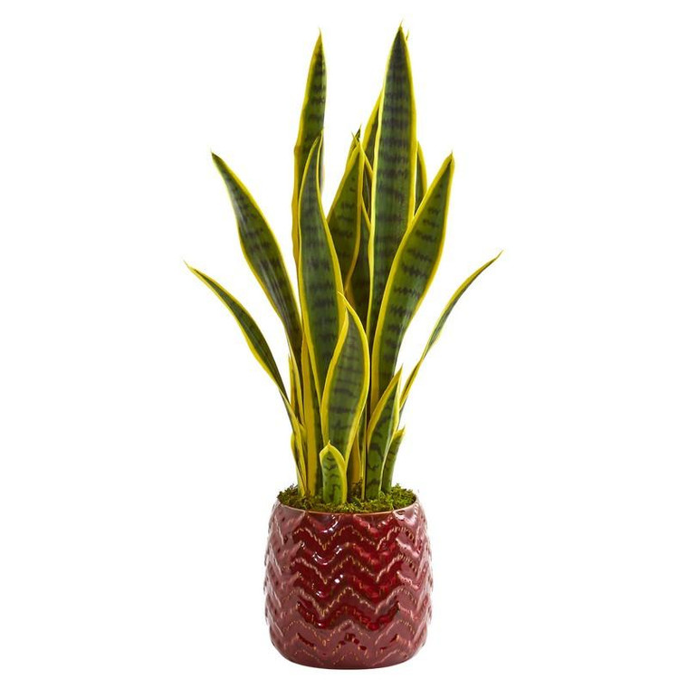2' Sansevieria Artificial Plant In Red Planter 9077 By Nearly Natural