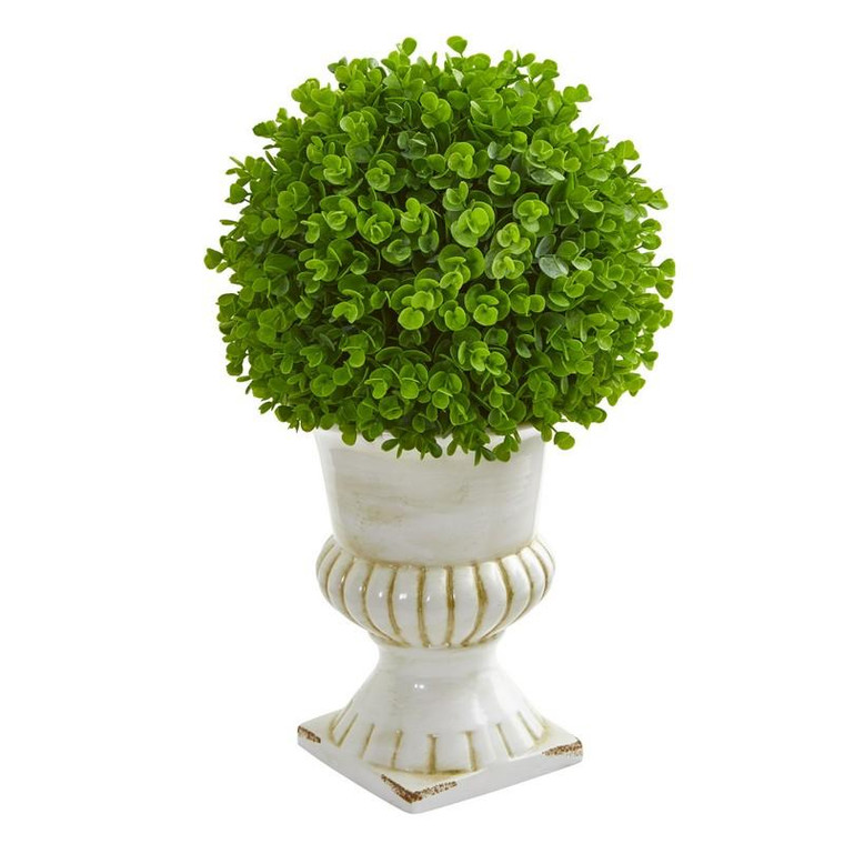 20" Eucalyptus Artificial Ball Topiary In White Ceramic Urn 9086 By Nearly Natural