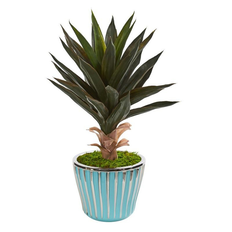 21" Agave Artificial Plant In A Turquoise Planter With Silver Trimming 9775 By Nearly Natural