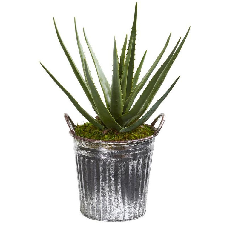 25" Aloe Artificial Plant In Vintage Metal Bucket 9777 By Nearly Natural