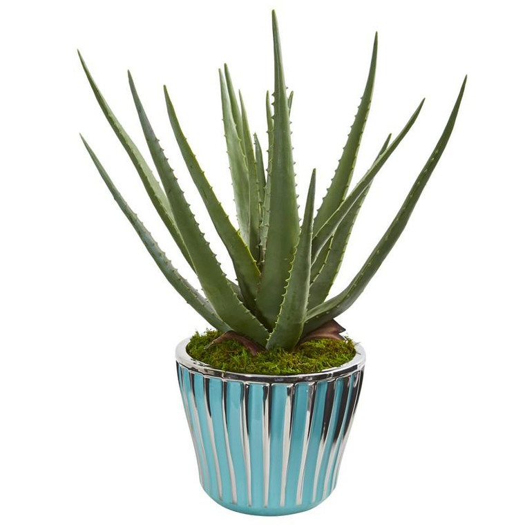 18" Aloe Artificial Plant In A Turquoise Planter 9781 By Nearly Natural