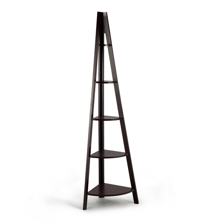 5 Tier Floor Corner Stand Ladder Shelves Bookshelf-Brown