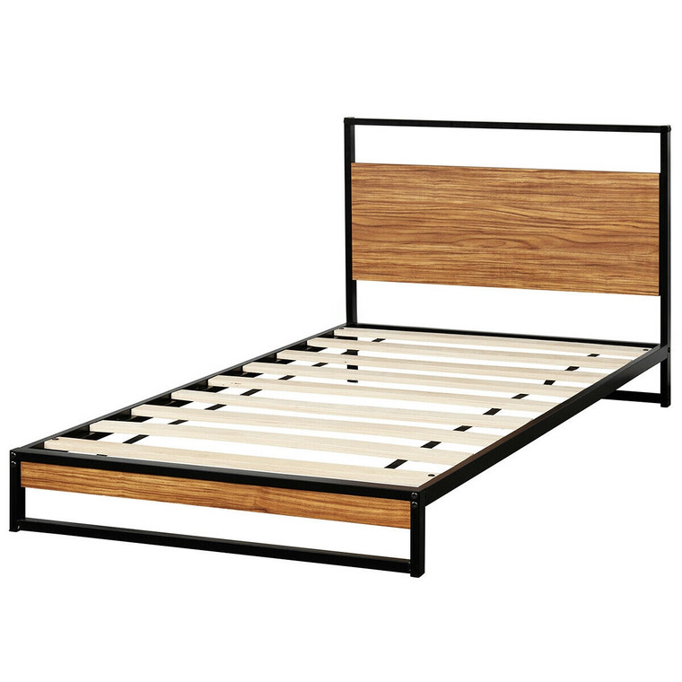 Twin Size Metal Frame Bed Platform Wooden Slat Support with Headboard