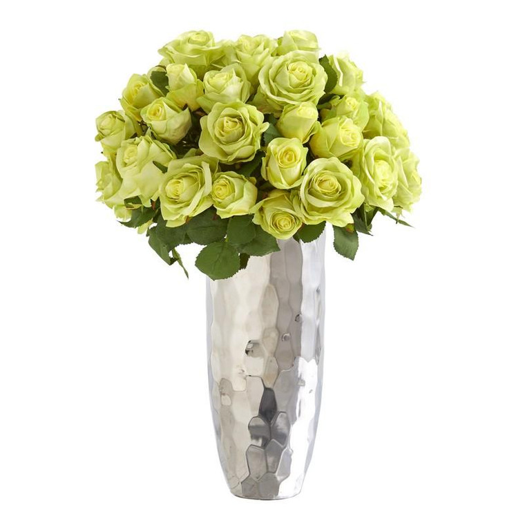20" Rose Artificial Arrangement In Silver Vase A1038-GR By Nearly Natural