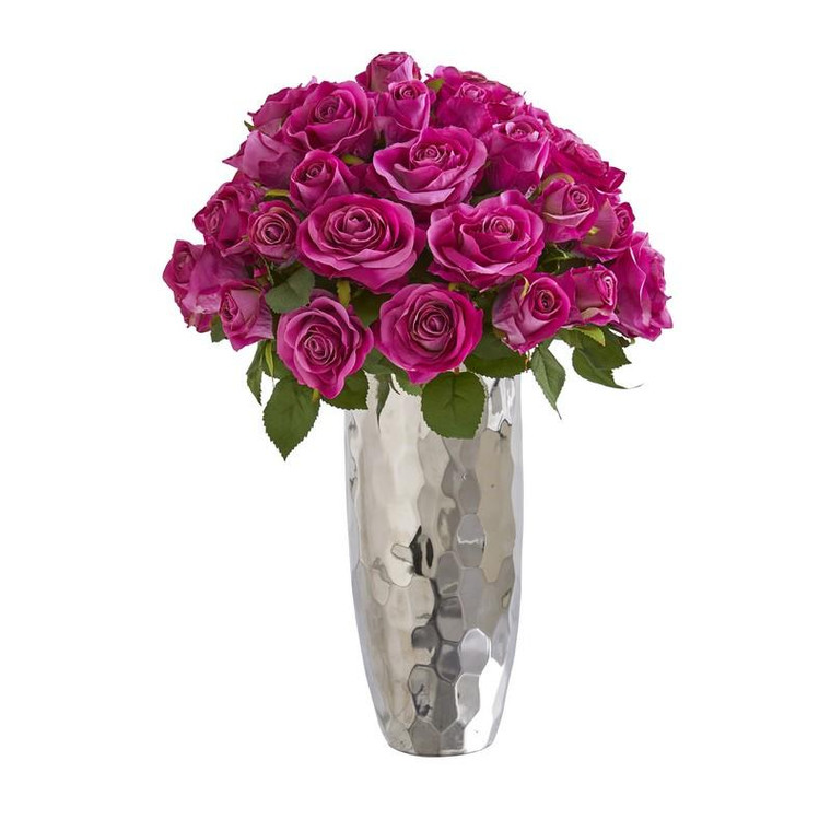 20" Rose Artificial Arrangement In Silver Vase A1038-PP By Nearly Natural