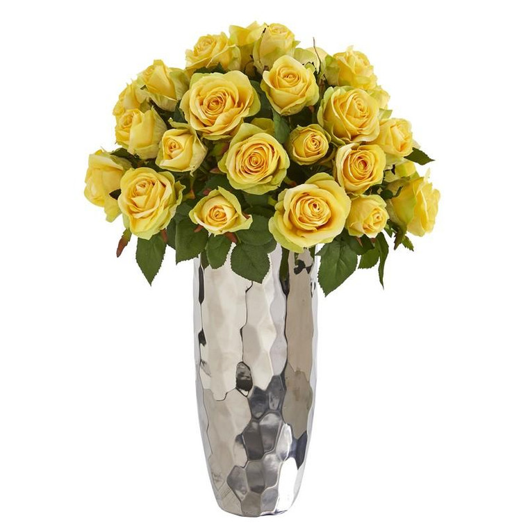 20" Rose Artificial Arrangement In Silver Vase A1038-YL By Nearly Natural